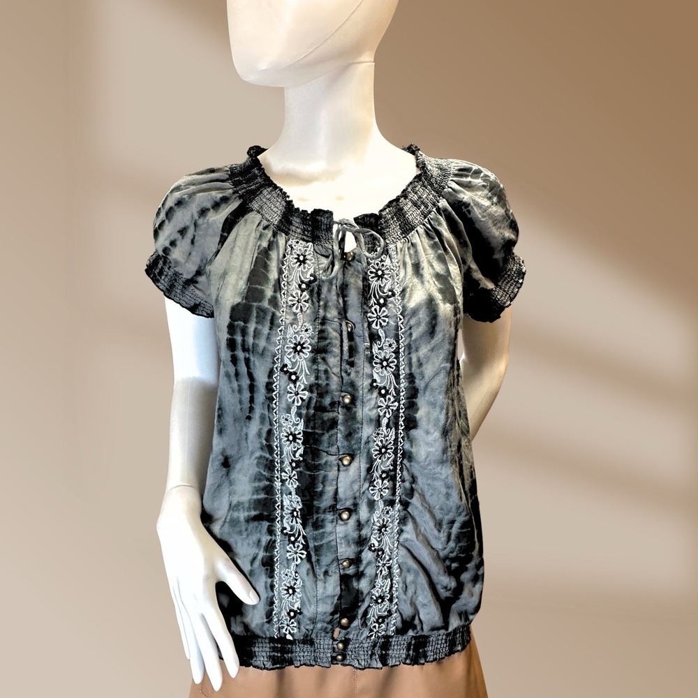 212 Collection Ladies Cotton Black & Gray Peasant Top Embroidered Flowers  Sz S
